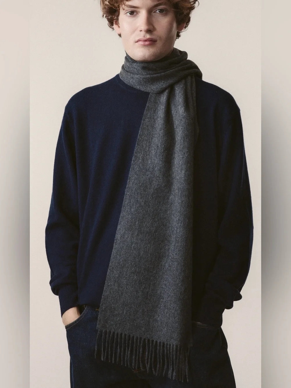Men's Oversized Pure Cashmere Fringed Scarf Made in Scotland in Charcoal Gray